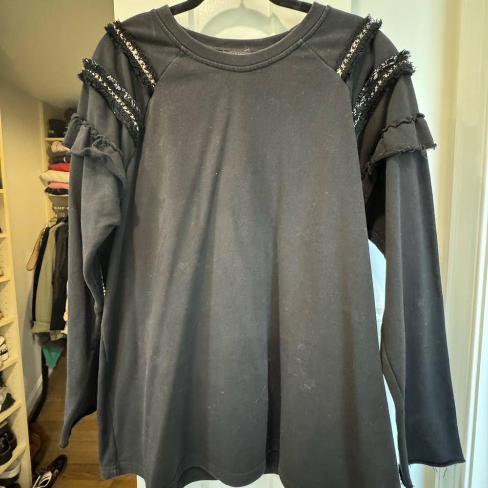 Gray Ruffled Long Sleeve Blouse with Embellishments